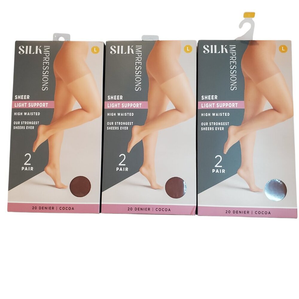NEW 3 Packs of 2 Pair Silk Impressions SZ L Sheer Pantyhose Tights Cocoa Brown